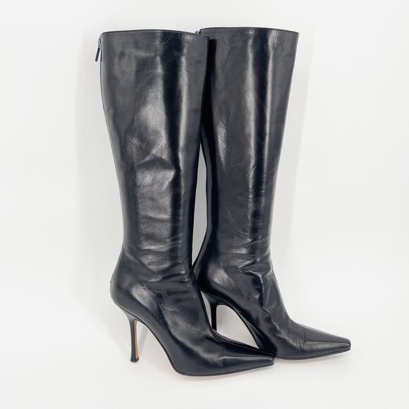 Jimmy Choo Peony Black Leather Pointed Square Toe Knee High Heeled Boot IT 39 - Picture 1 of 12